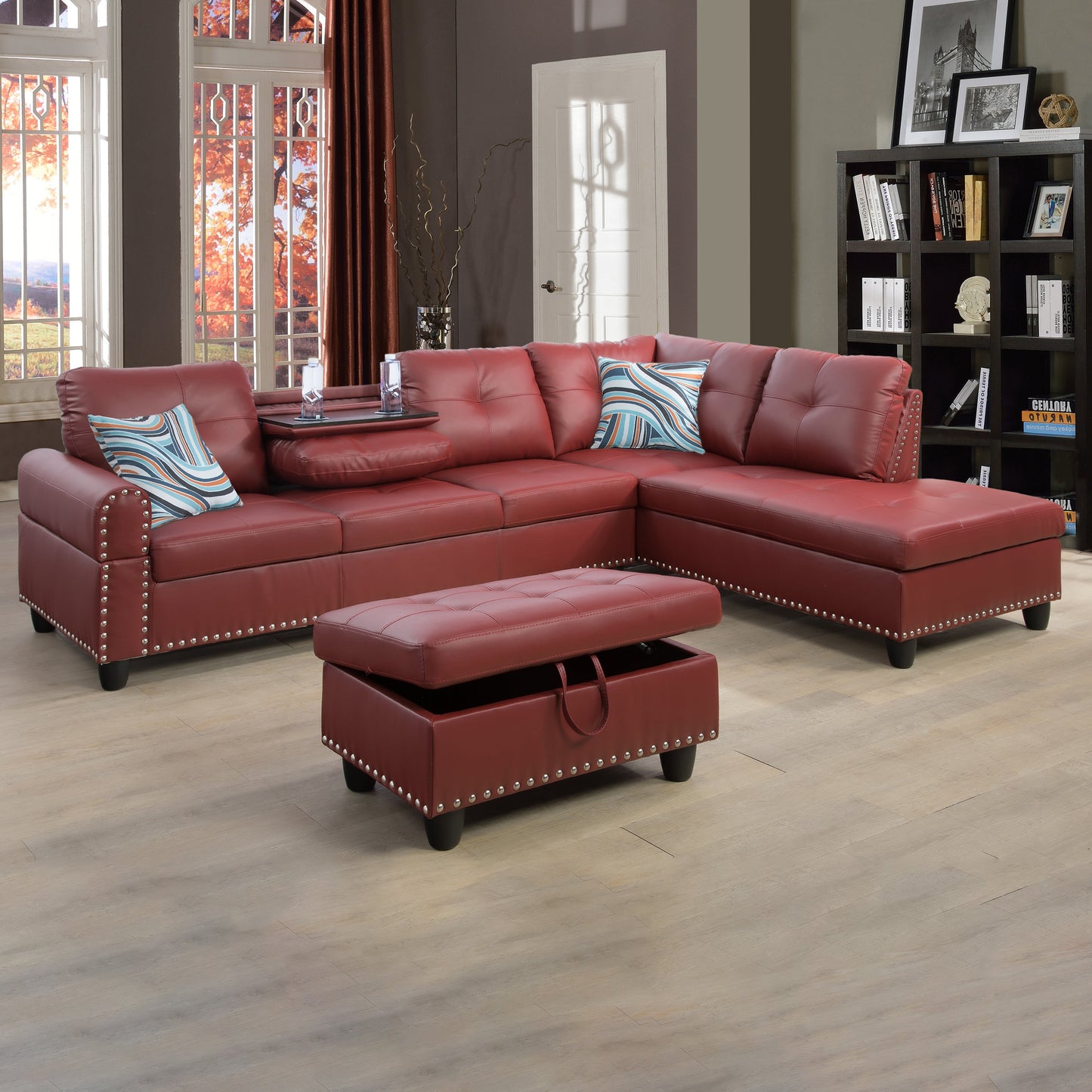 Golden Coast Red Synthetic Leather L-Shaped Living Room Sectional Sofa Set
