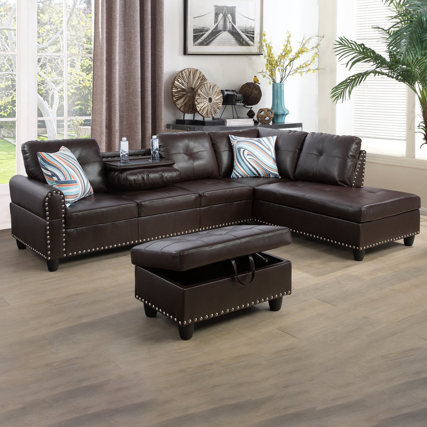 Golden Coast Brown Synthetic Leather L-Shaped Living Room Sectional Sofa Set