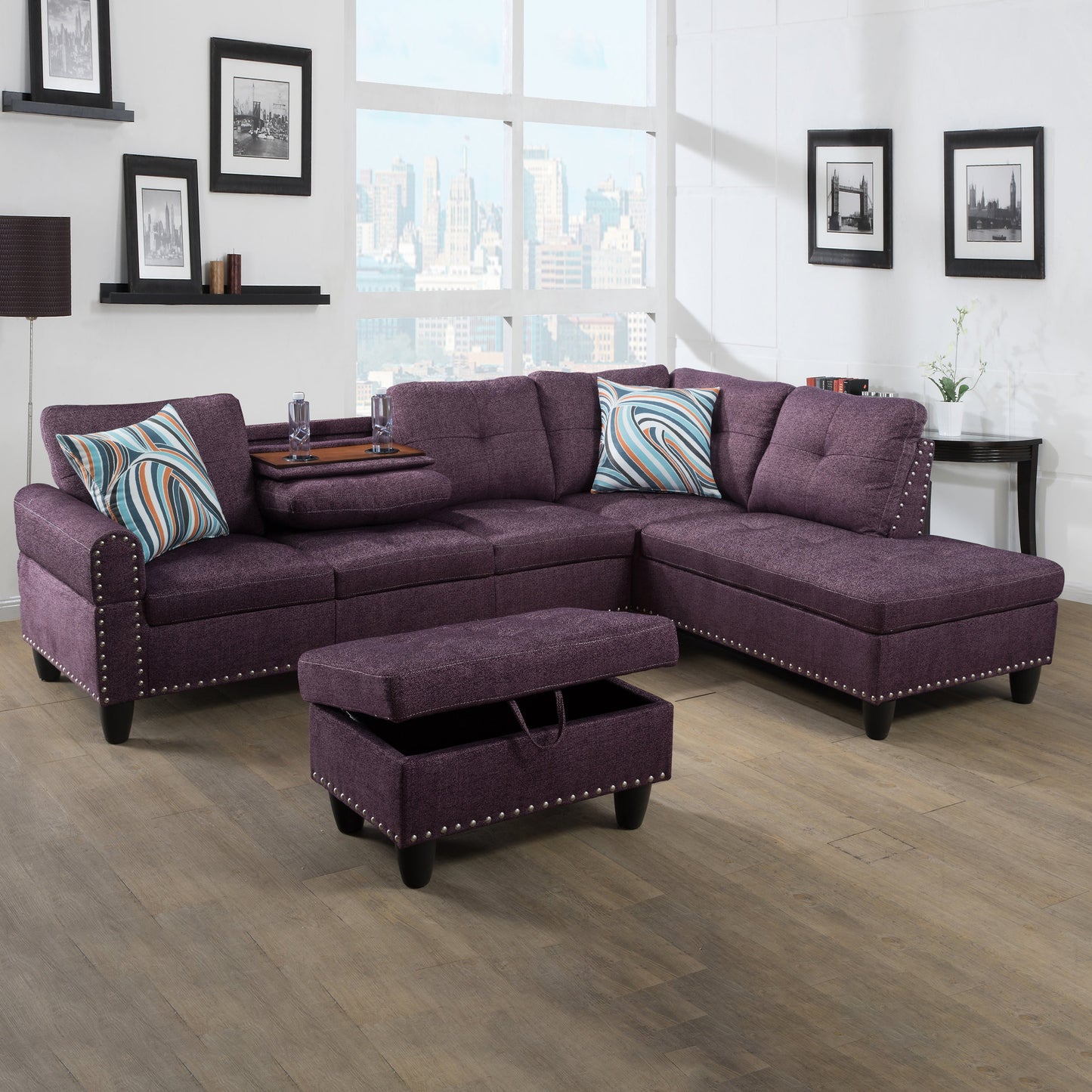 Golden Coast Amaranth Linen L-Shaped Living Room Sectional Sofa Set