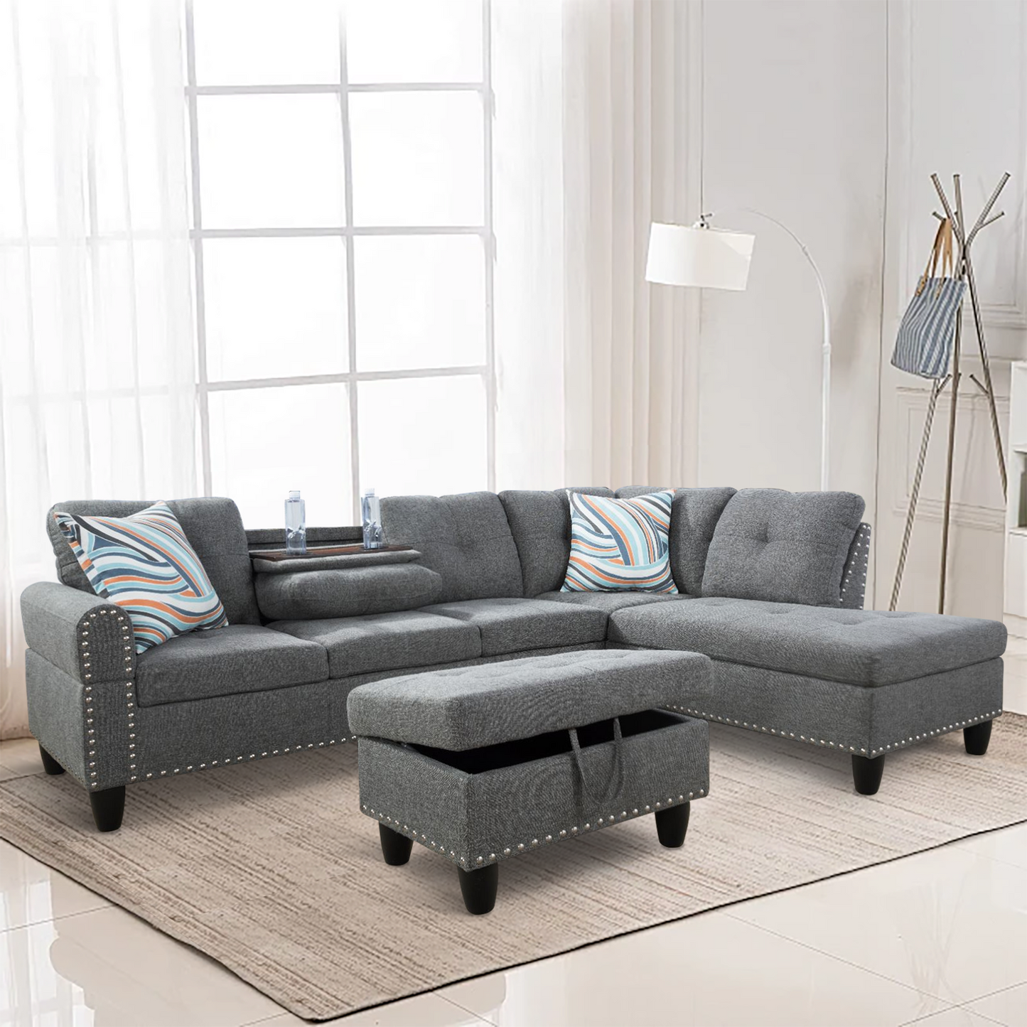 Golden Coast Grey Linen L-Shaped Living Room Sectional Sofa Set