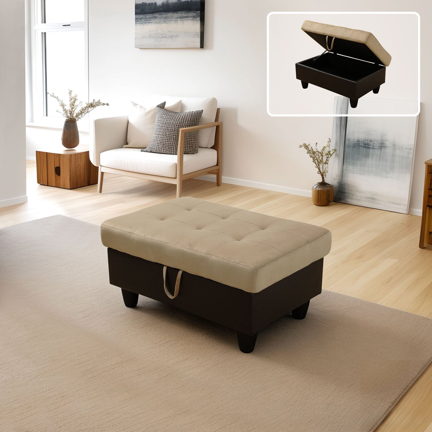 Golden Coast Beige and Brown Color Lint And PVC Storage Ottoman Living Room Sofa
