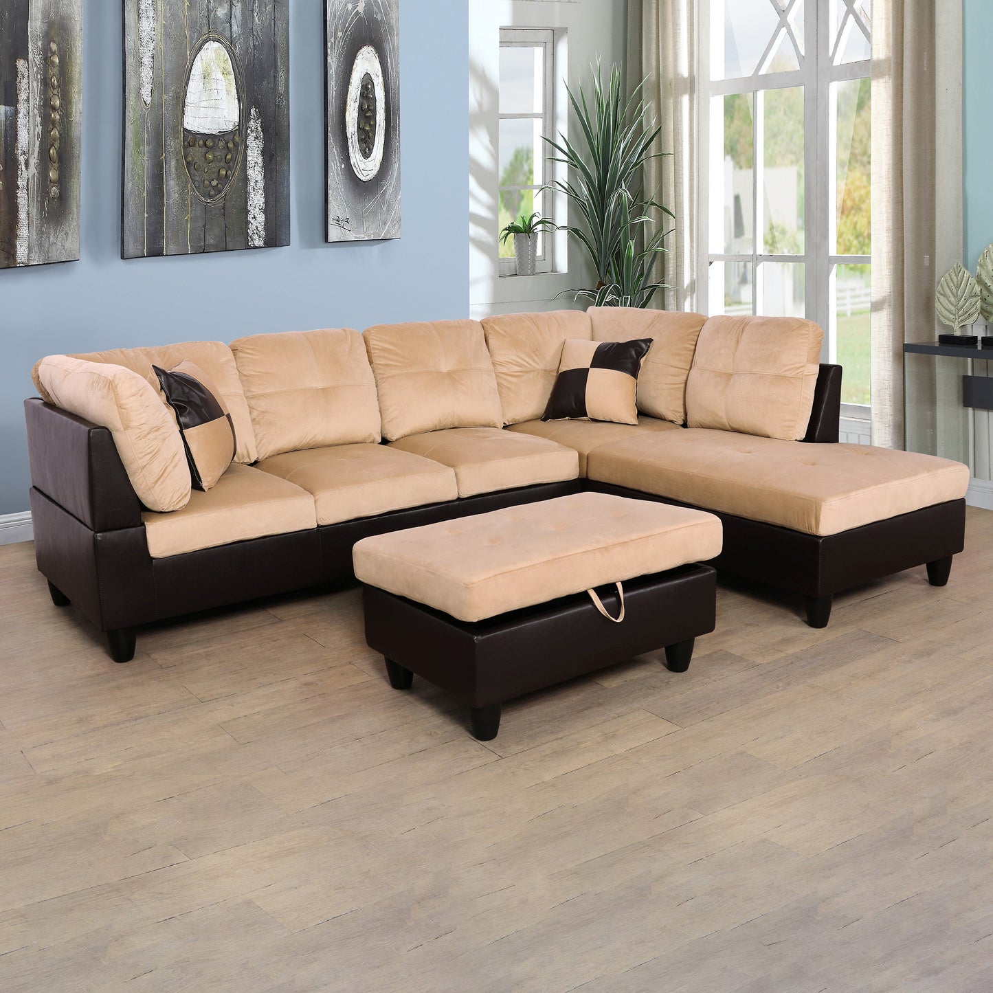 Golden Coast Beige and Brown Lint L-Shaped Living Room Sectional Sofa Set