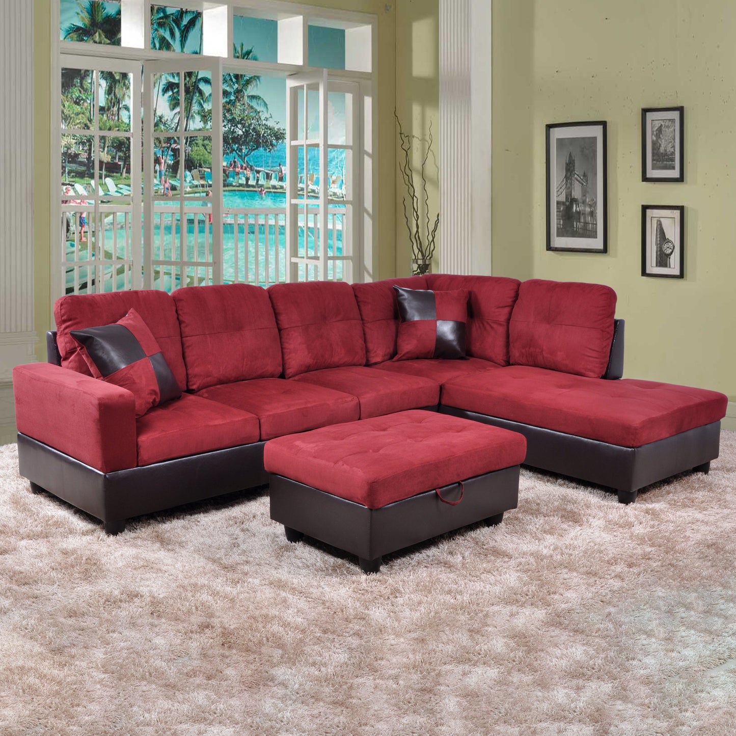 Golden Coast Red Flannel L-Shaped Living Room Sectional Sofa Set