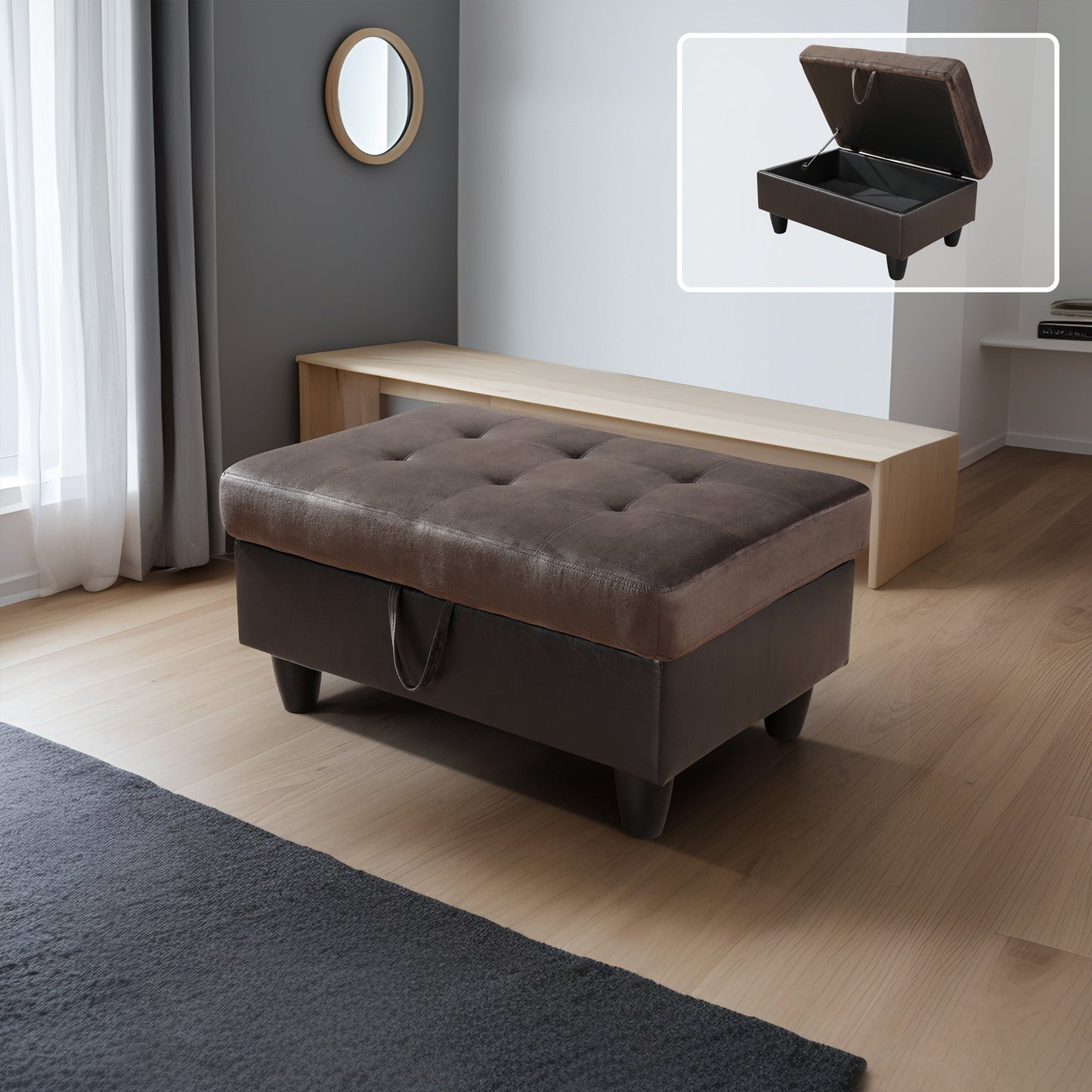 Golden Coast Dark Brown Flannel And PVC Storage Ottoman Living Room Sofa