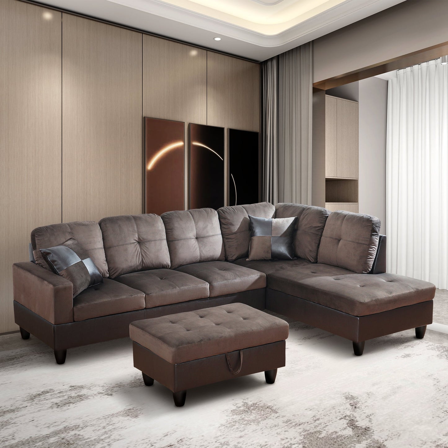 Golden Coast Dark Brown Flannel L-Shaped Living Room Sectional Sofa Set