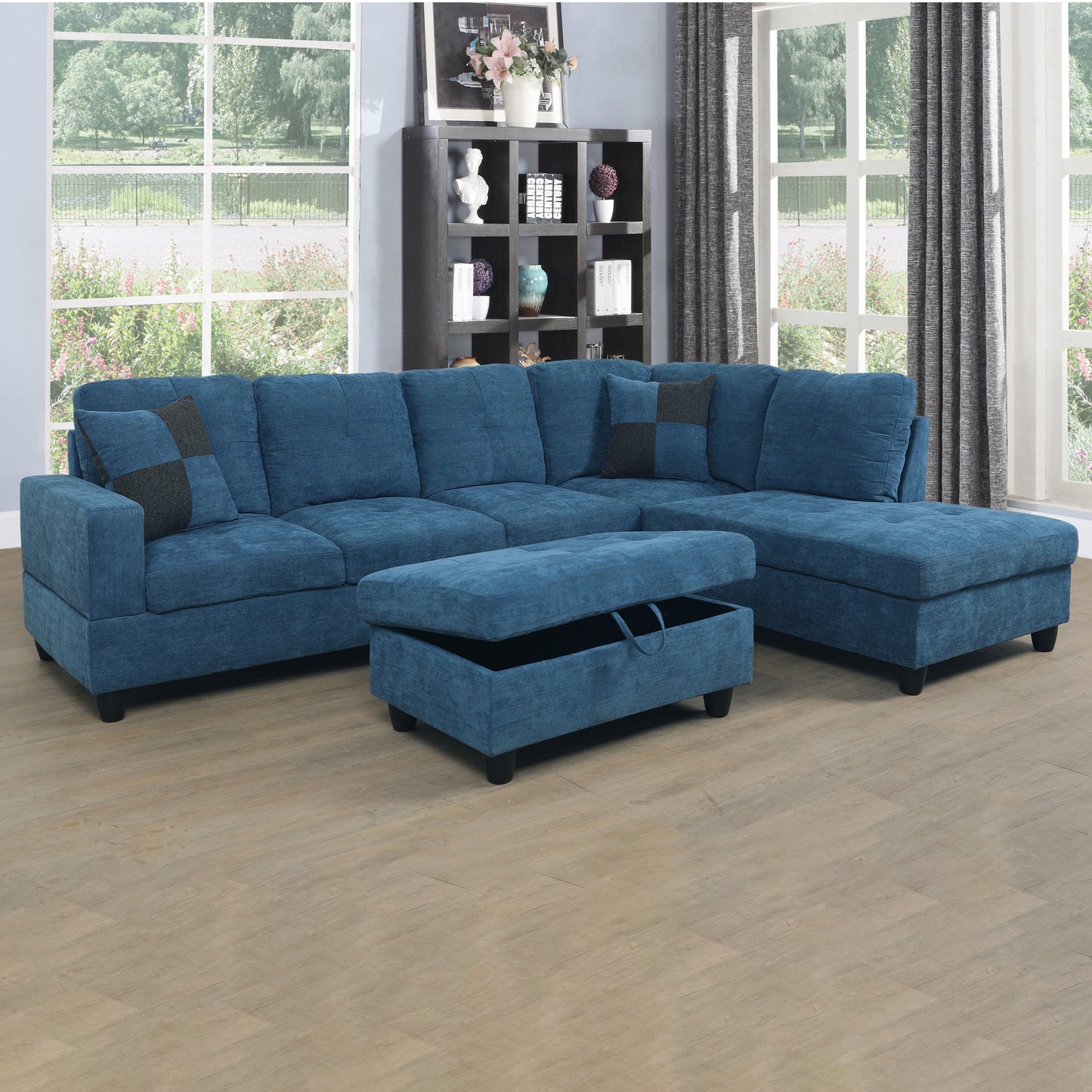 Golden Coast Blue Flannel L-Shaped Living Room Sectional Sofa Set