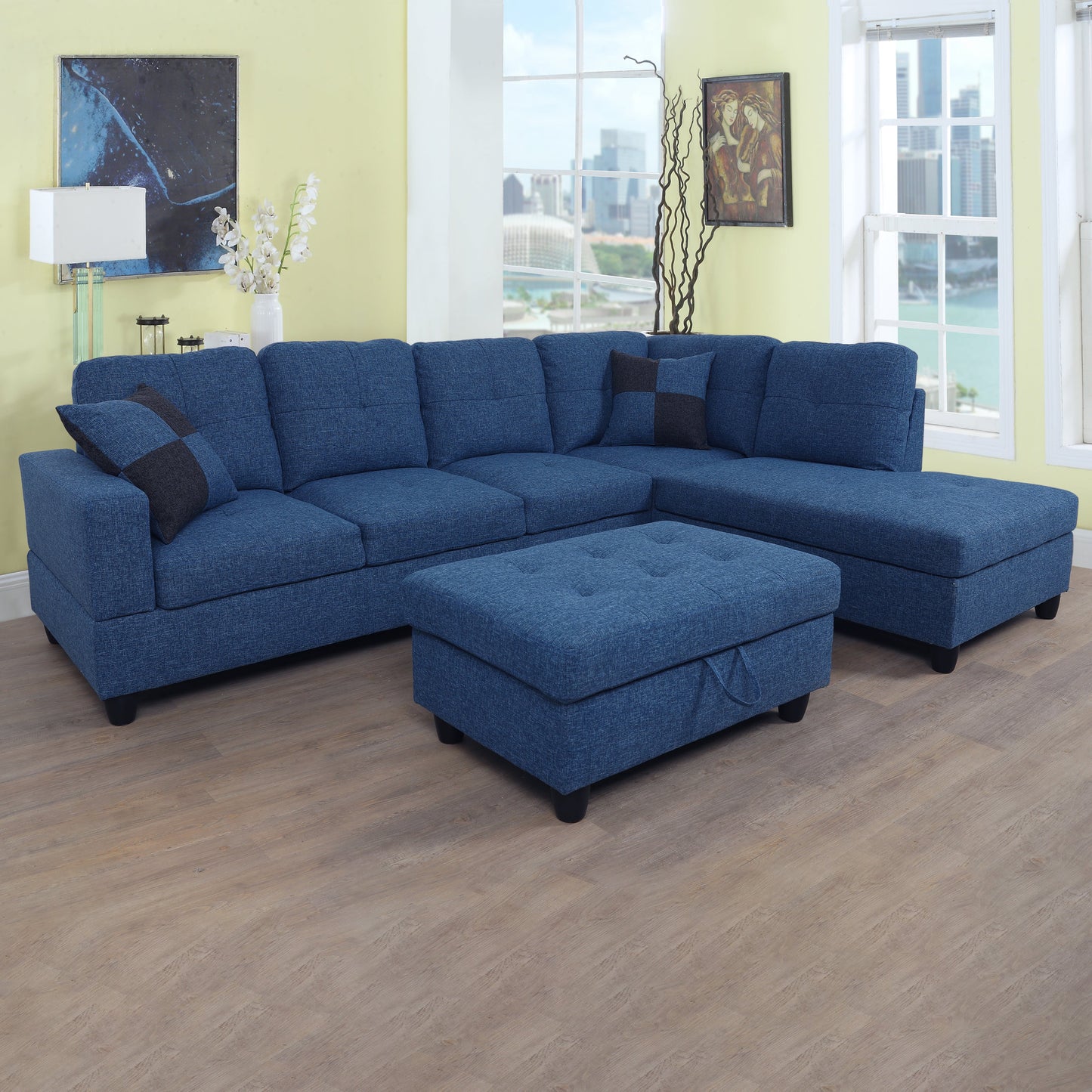 Golden Coast Blue Linen 3-Piece Couch Living Room Sofa Set