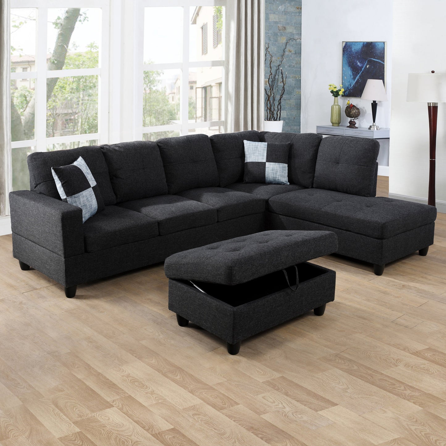 Golden Coast Black Grey Linen L-Shaped Living Room Sectional Sofa Set