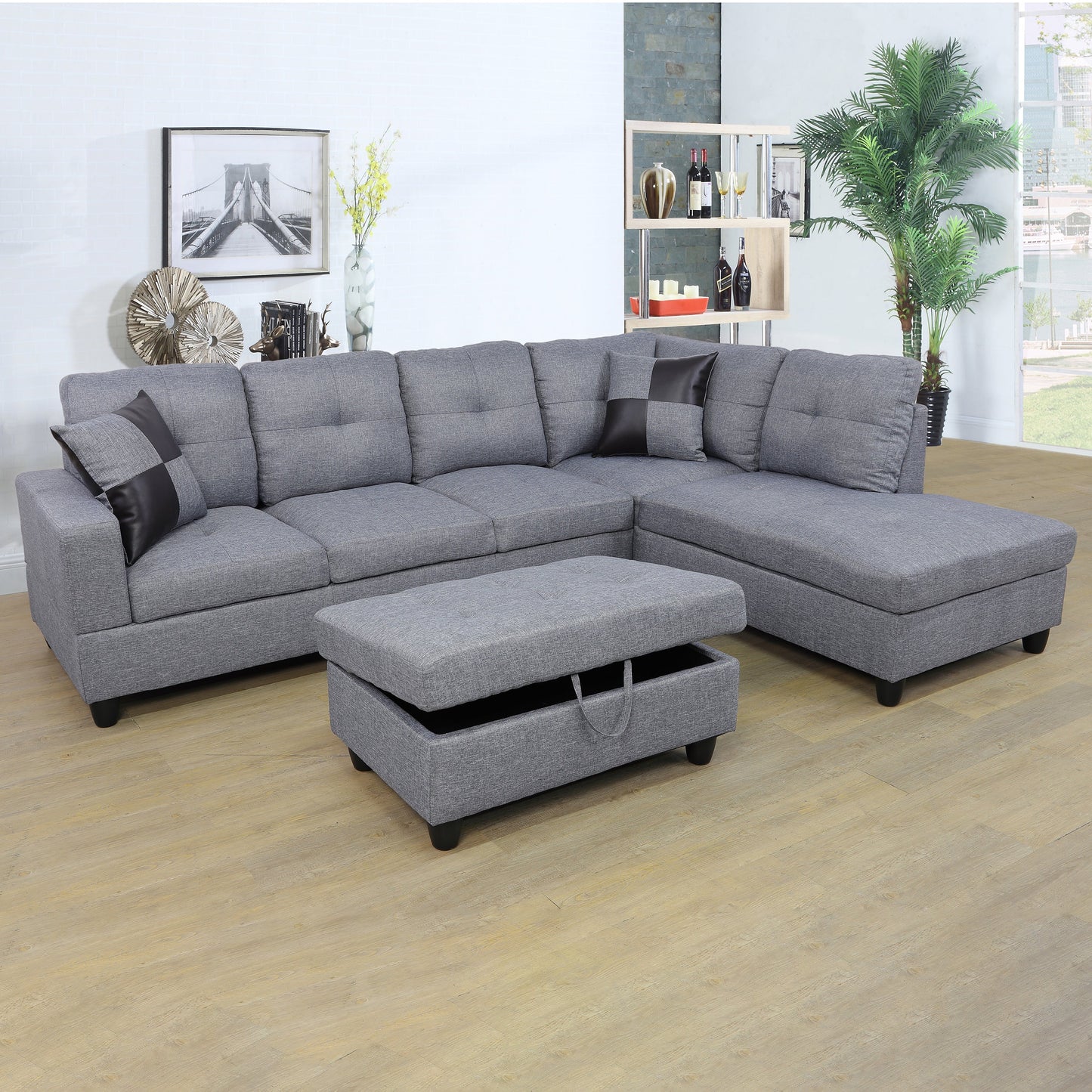 Golden Coast Grey Linen L-Shaped Living Room Sectional Sofa Set