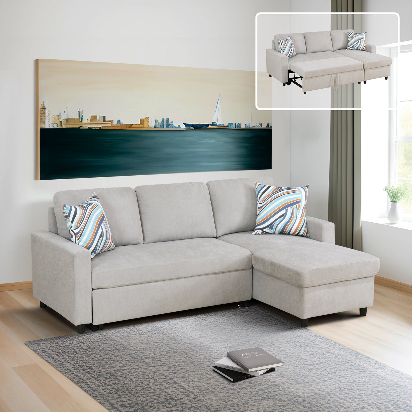 Golden Coast Grey Flannelette L-Shaped Living Room Sectional Sofa bed