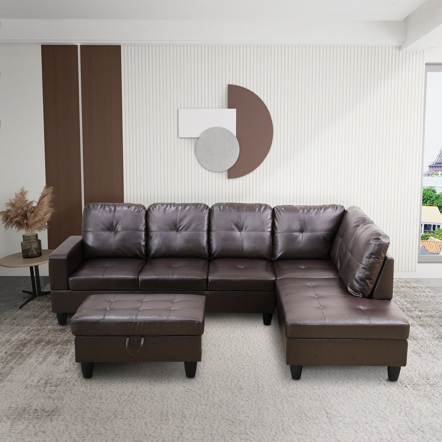 Golden Coast Brown Faux Leather L-Shaped Living Room Sectional Sofa Set