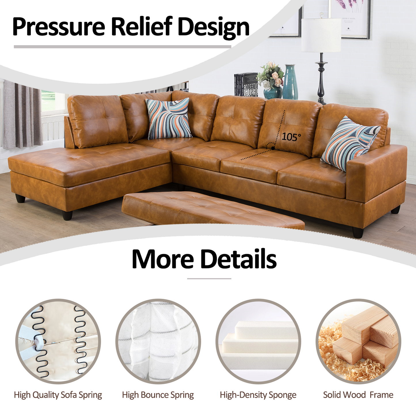 Golden Coast Ginger L-Shaped Leather Combo Sofa Set
