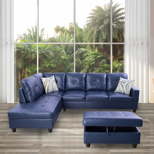 Golden Coast Blue Synthetic Leather L-Shaped Living Room Sectional Sofa Set
