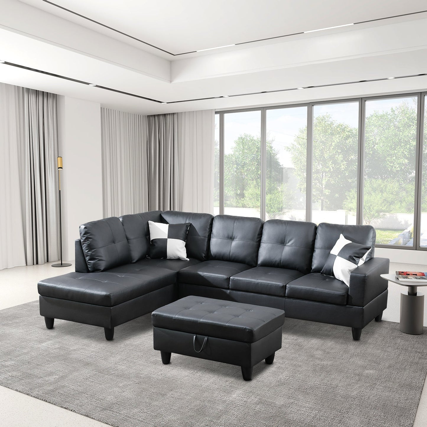 Golden Coast Black Faux Leather L-Shaped Living Room Sectional Sofa Set