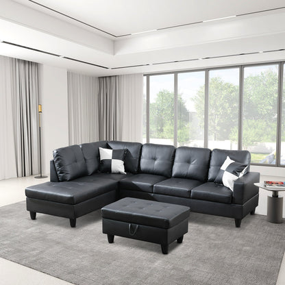 Golden Coast Black Faux Leather L-Shaped Living Room Sectional Sofa Set