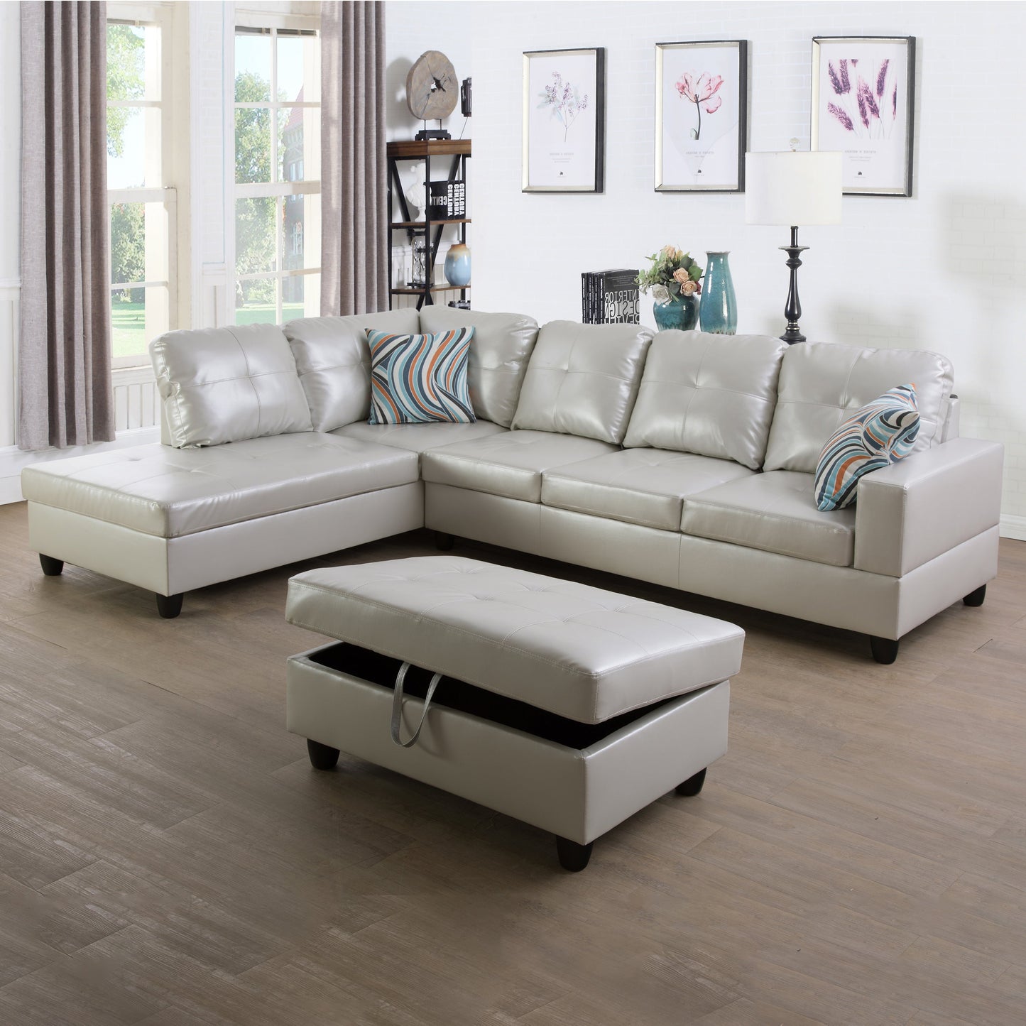 Golden Coast Grey Semi PU Synthetic Leather L-Shaped Living Room Sectional Sofa Set