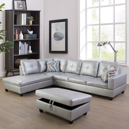Golden Coast Silver White Semi PU Synthetic Leather L-Shaped Living Room Sofa Set