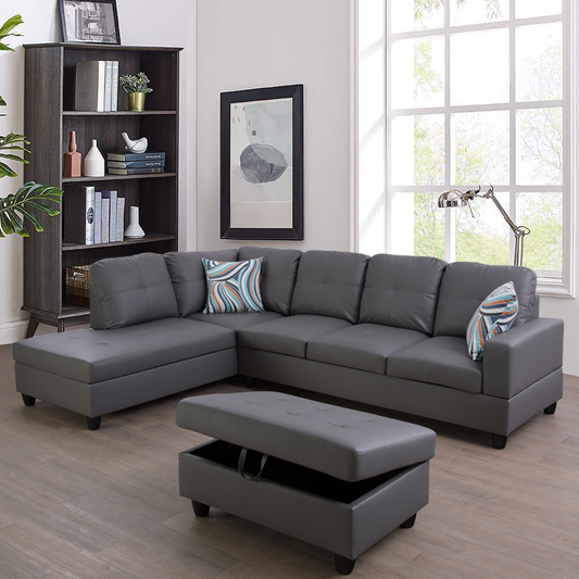 Golden Coast Dark Grey Synthetic L-Shaped Living Room Sectional Sofa Set