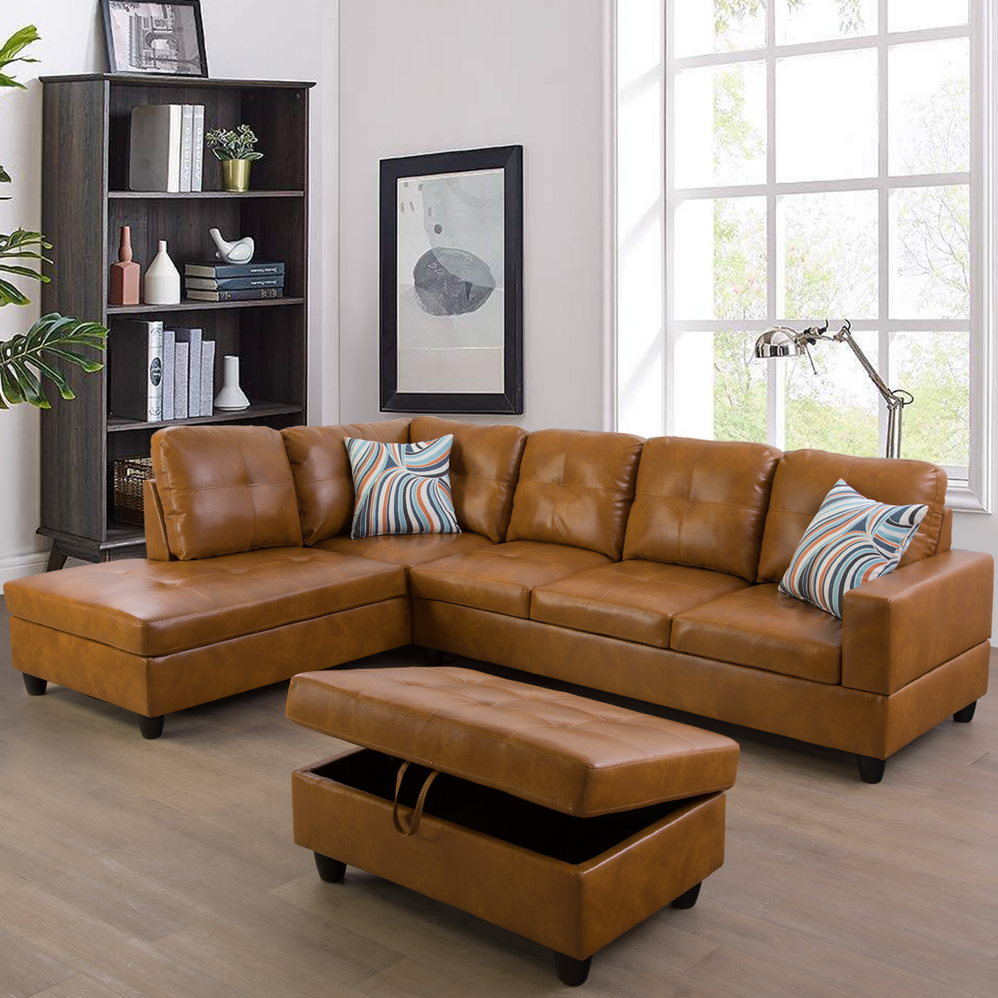 Golden Coast Ginger L-Shaped Leather Combo Sofa Set
