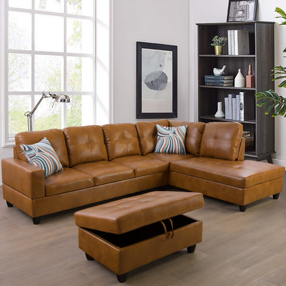 Golden Coast Ginger L-Shaped Leather Combo Sofa Set