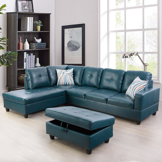 Golden Coast Peacock Blue Synthetic Leather L-Shaped Living Room Sectional Sofa Set