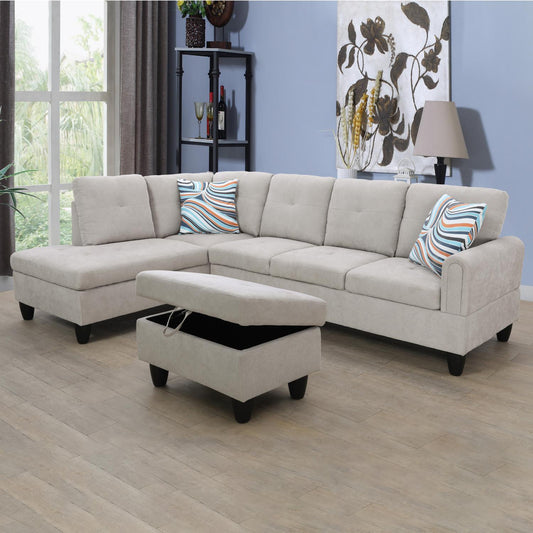 Golden Coast Grey White Flannel L-Shaped Living Room Sectional Sofa Set