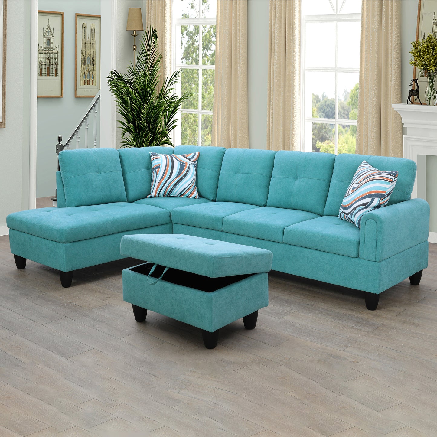 Golden Coast Green Flannel L-Shaped Living Room Sectional Sofa Set