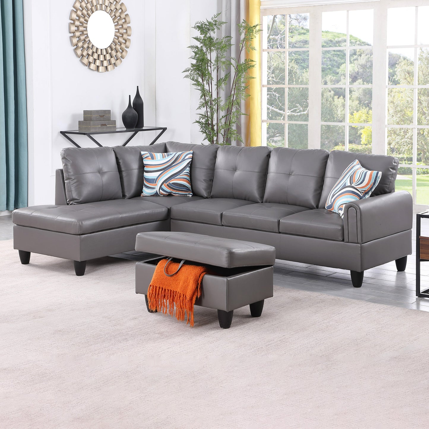Golden Coast Dark Grey Faux Leather L-Shaped Living Room Sectional Sofa Set