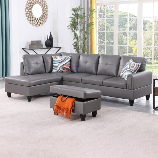 Golden Coast Dark Grey Faux Leather L-Shaped Living Room Sectional Sofa Set