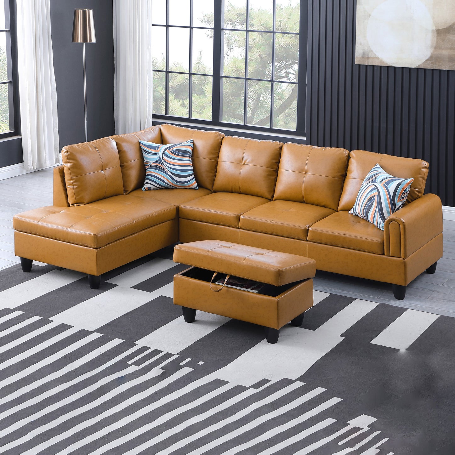 Golden Coast Ginger Faux Leather L-Shaped Living Room Sectional Sofa Set