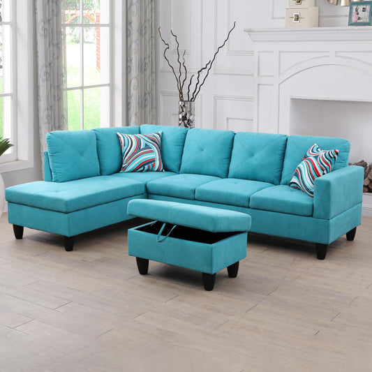 Golden Coast Sky Blue Flannel L-Shaped Living Room Sectional Sofa Set