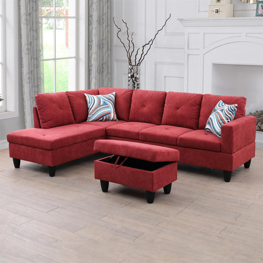 Golden Coast Red Flannelette L-Shaped Living Room Sectional Sofa Set