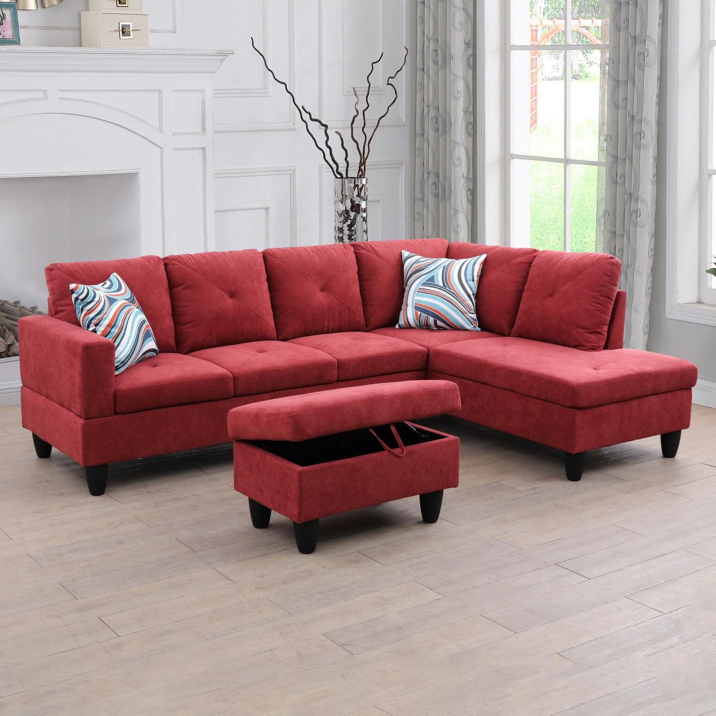 Golden Coast Red Flannelette L-Shaped Living Room Sectional Sofa Set