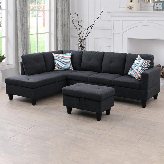 Golden Coast Black Grey Linen L-Shaped Living Room Sectional Sofa Set