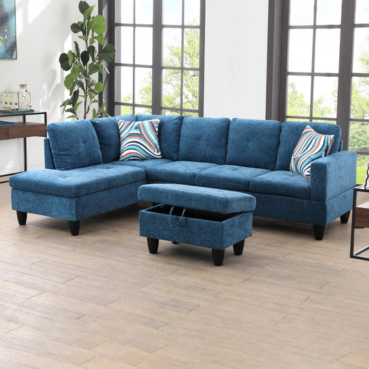 Golden Coast Blue Linen L-Shaped Living Room Sectional Sofa Set