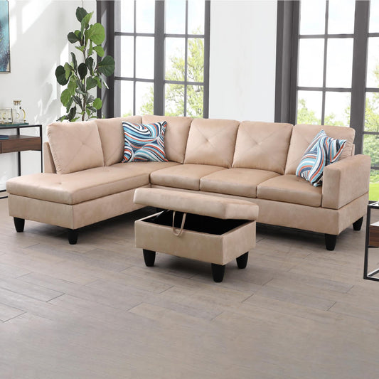 Golden Coast Beige Microfiber L-Shaped Living Room Sectional Sofa Set