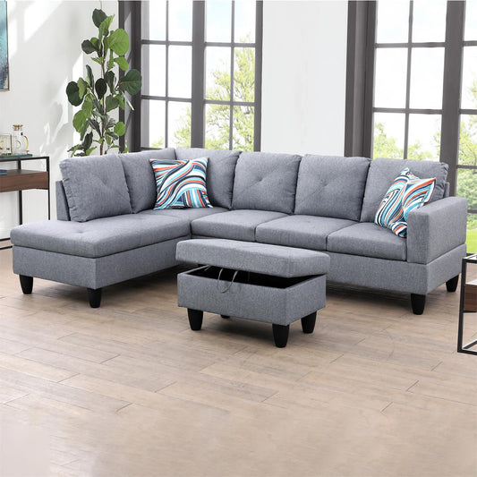 Golden Coast Grey Linen L-Shaped Living Room Sectional Sofa Set