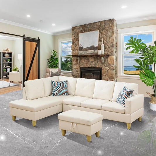 Golden Coast White Faux Leather L-Shaped Living Room Sectional Sofa Set