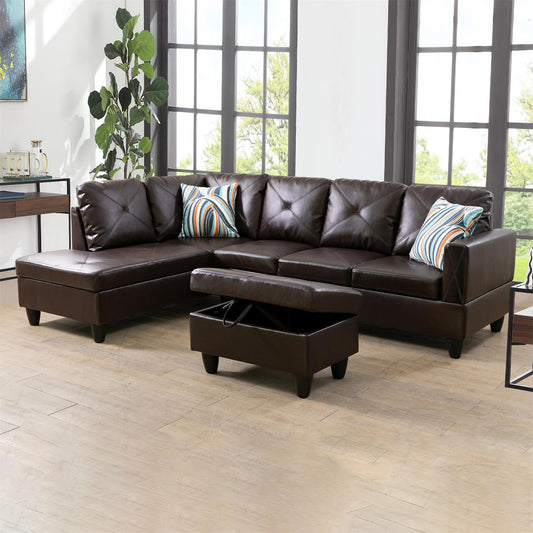 Golden Coast Brown Faux Leather L-Shaped Living Room Sectional Sofa Set