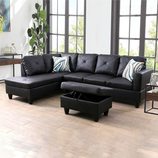 Golden Coast Black Faux Leather L-Shaped Living Room Sectional Sofa Set