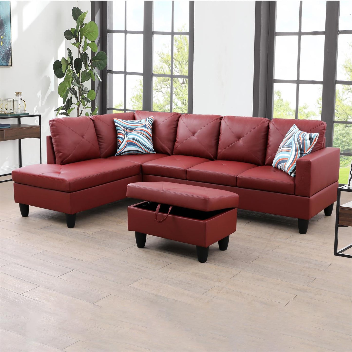Golden Coast Red Faux Leather L-Shaped Living Room Sectional Sofa Set