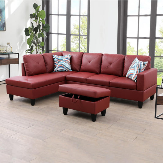Golden Coast Red Faux Leather L-Shaped Living Room Sectional Sofa Set