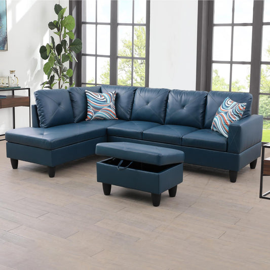 Golden Coast Denim Blue L-Shaped Faux Leather Sofa Set