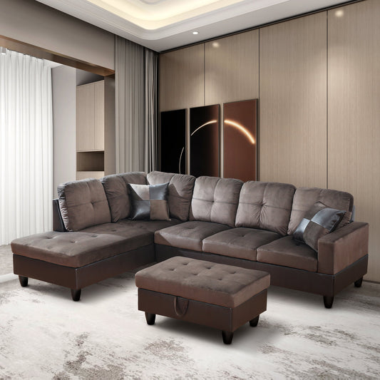 Golden Coast Dark Brown Flannel L-Shaped Living Room Sectional Sofa Set