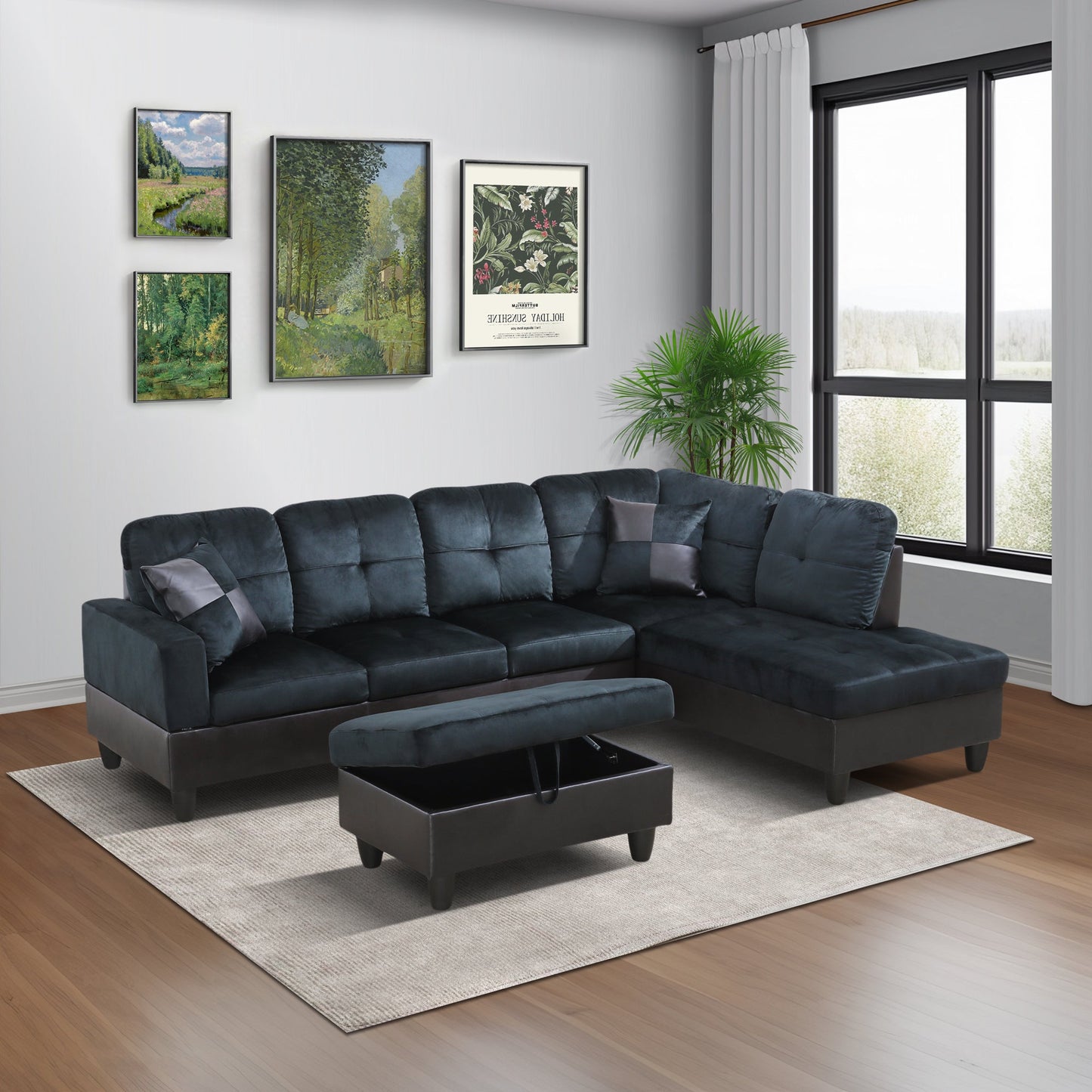 Golden Coast Dark Blue And Brown Lint L-Shaped Living Room Sectional Sofa Set