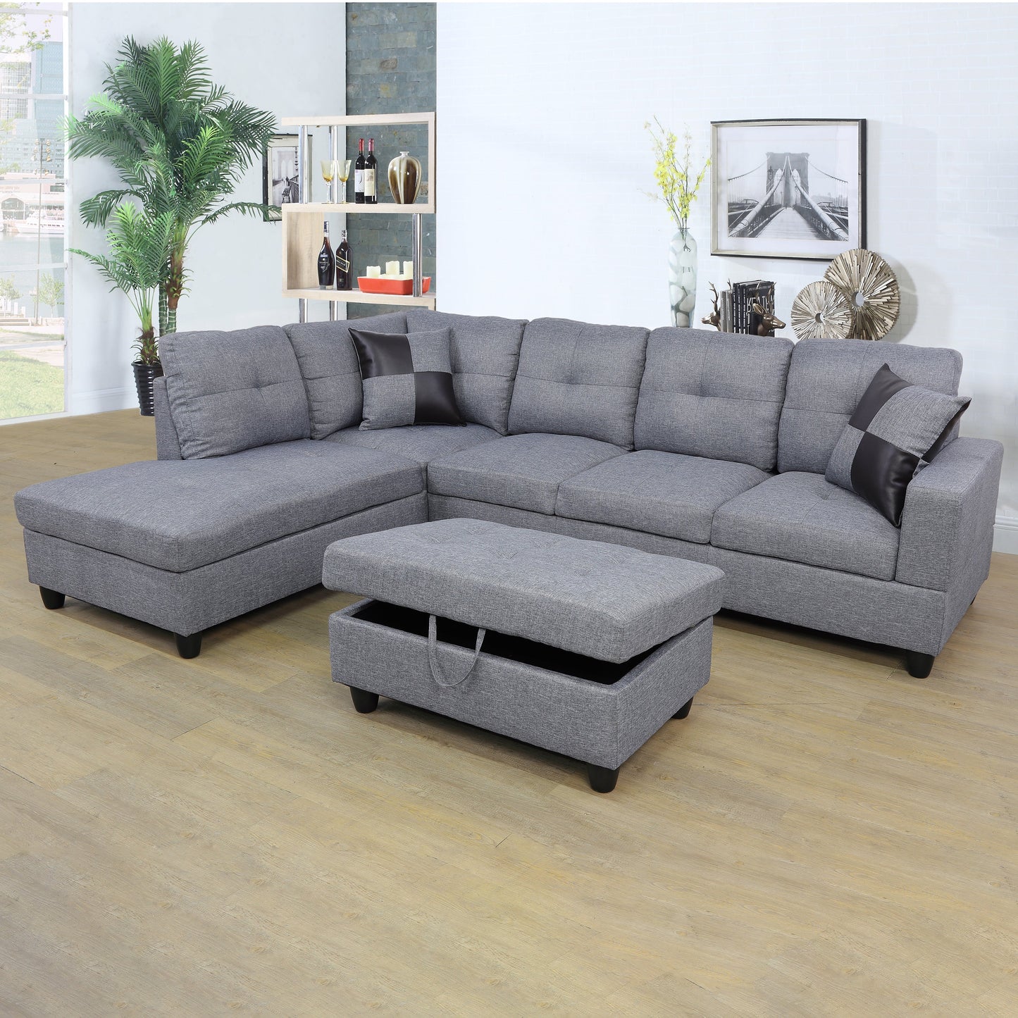 Golden Coast Grey Linen L-Shaped Living Room Sectional Sofa Set